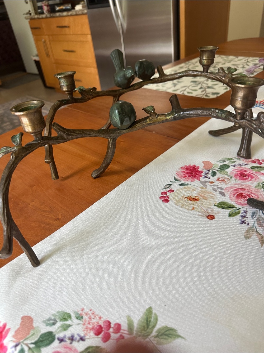 Bronze Branch Bird Candle Holder - Green Patina Accents